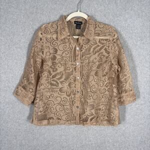 West End Blouse Small Tan Sheer Floral Linen Neutrals Cover‎ Up Artsy Festival